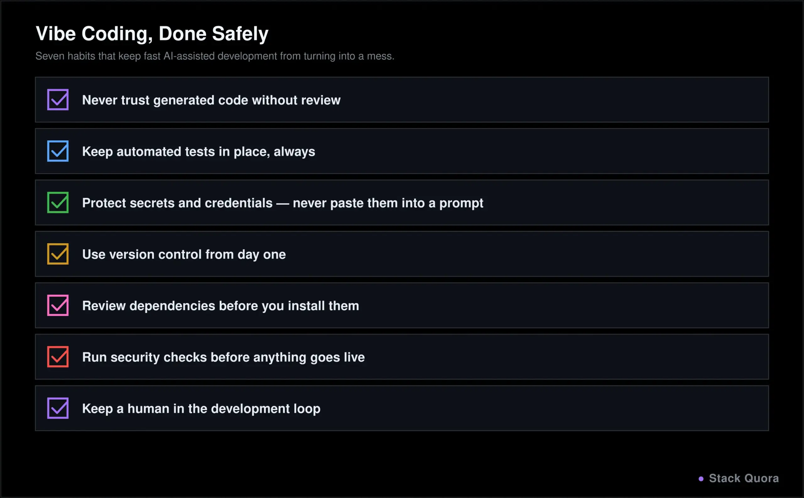 Checklist for using vibe coding safely covering code review, testing, secrets, version control and security checks
